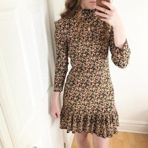 Vintage Cottagecore Smocked Ruffle Mock Neck Dress